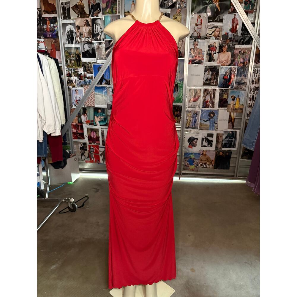 VTG Cache Red Halter Gold Strap Neck Dress Sz 14